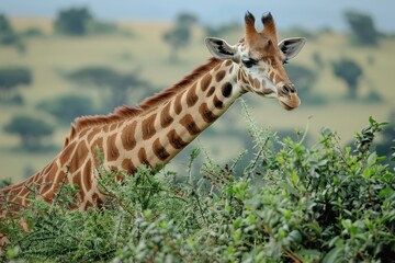 Obraz premium a giraffe gracefully browsing on leaves in a serene, sunlit savanna. Great for wildlife conservation campaigns and decorative wall art.