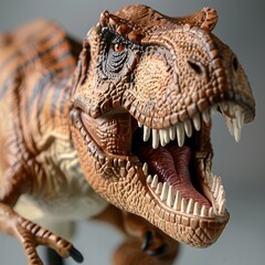 Obraz premium Tyrannosaurus Rex toy stands majestically amidst a lush, prehistoric landscape. This detailed figure captures the power and ferocity of the iconic dinosaur, perfect for educational purposes.