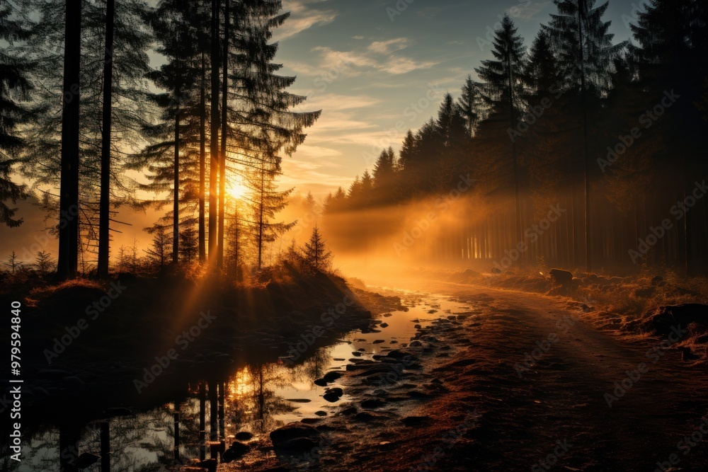 Poster sun rays filter through trees in a tranquil forest at dawn, illuminating the misty landscape