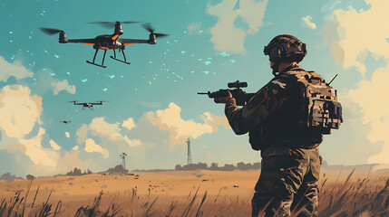 A soldier uses a drone for reconnaissance during a military operation. Drone. Illustration