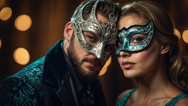 Man and women wearing elegant masquerade masks