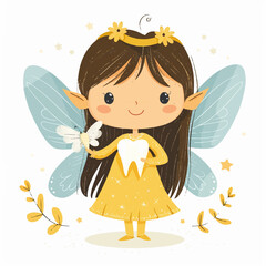 Tooth fairy in a caron and with a magic platter. The tooth fairy holds a cheerful tooth in her hands. Healthy teeth. Cute fairy tale character. Vector illustration.