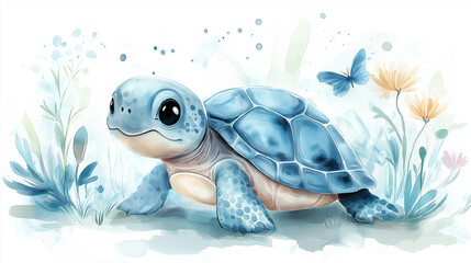 Adorable baby sea turtle walking in watercolor meadow