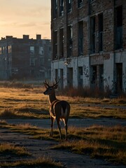 Deer wandering through an abandoned city at dawn.