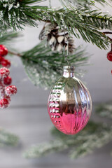 Old soviet decoration for the Christmas tree, glass toy close up on white background