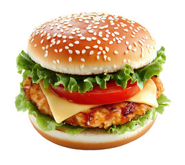 Delicious chicken burger with fresh tomato, crisp lettuce, and melted cheese on a sunny afternoon