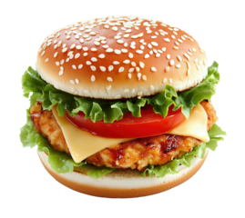 Delicious chicken burger with fresh tomato, crisp lettuce, and melted cheese on a sunny afternoon