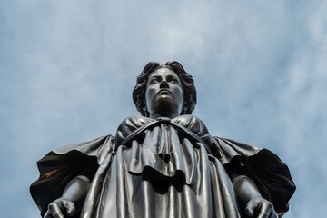 Bronze statue of a woman in historical attire against a blue sky.