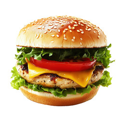 Savory chicken burger topped with fresh lettuce, ripe tomato, and melted cheese on a toasted bun