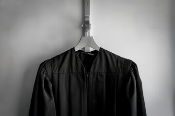 Black judge's robe hanging on a gray wall