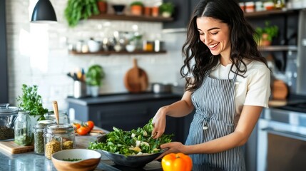 Smiling woman making salad in new kitchen