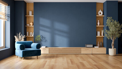 Modern  mid-century interior living room with  blue sofa, modern lamp with plant, and vintage decor with a dark blue wall background .3drender