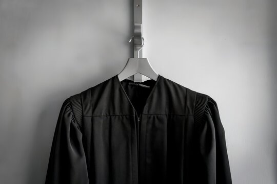 Black judge's robe hanging on a gray wall