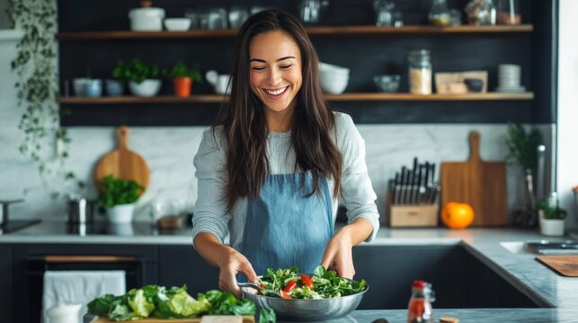 Happy lady preparing salad in new kitchen
