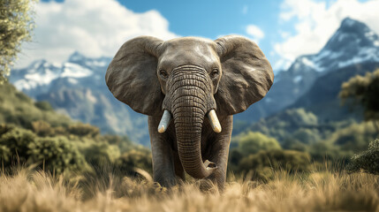 Large elephant standing in front of mountain range