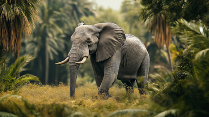 Naklejka premium Large african elephant bull walking through jungle greenery