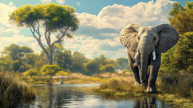 Large elephant bull walking toward waterhole in african savanna