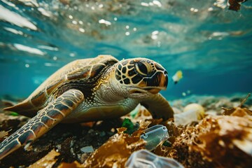 Obraz premium A sea turtle eating trash underwater outdoors reptile.