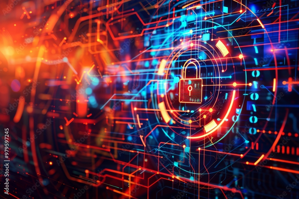 Poster digital lock cyber security concept with circuit patterns and data streams - technology protection a