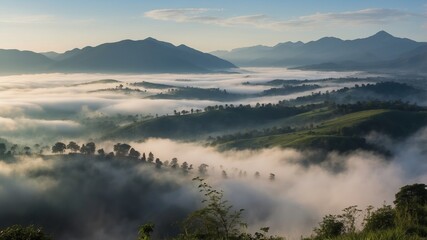 Fototapeta premium Misty mountain landscape with rolling hills and peaks
