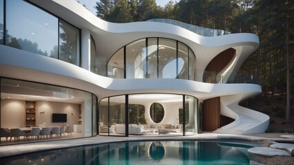 Fototapeta premium Modern futuristic house with curvilinear design and glass facade