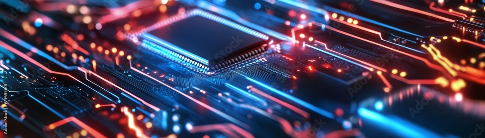 Poster abstract technology background with red and blue glowing lines and circuit board