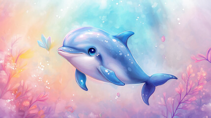 Fototapeta premium Cute little dolphin swimming in a colorful fantasy underwater world