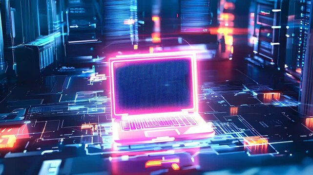Futuristic Neon-Glowing Laptop in High-Tech Digital Environment, Surrounded by Circuitry and Data in a Sci-Fi Cyberpunk World, Reflecting Advanced Technology and Innovation