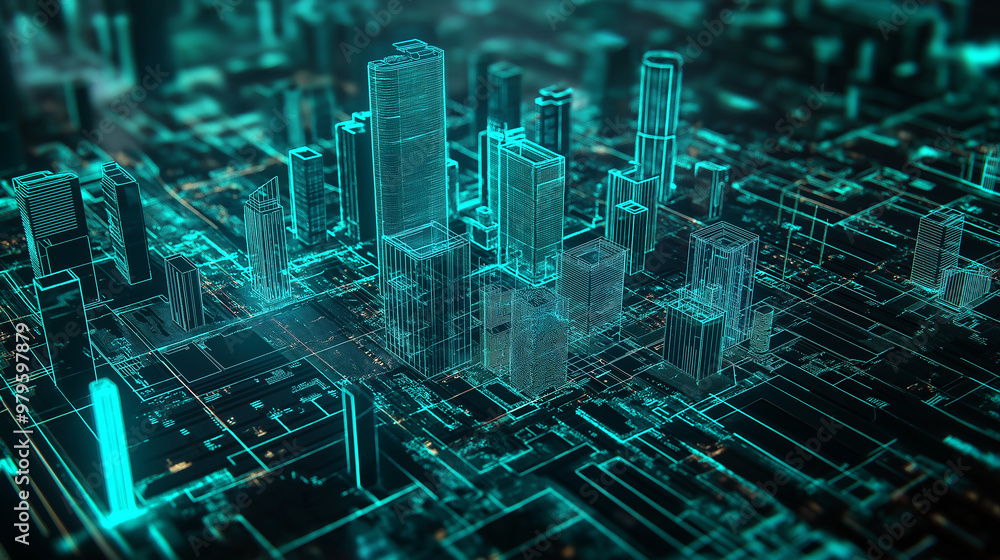 Poster futuristic cityscape emerging from circuit board pattern: