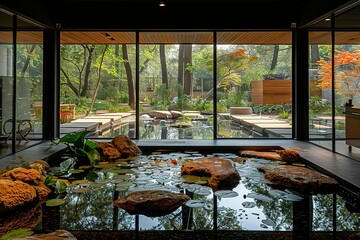 Fototapeta premium A large pond with a rock garden in the foreground
