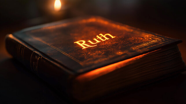 The book of ruth illuminated by candlelight on dark background