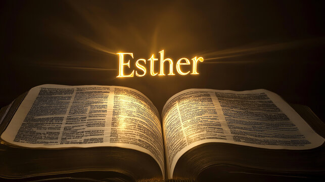 Open bible with golden text esther glowing on black background