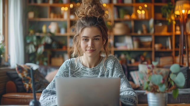 A remote worker using a laptop at a desk in the living room, balancing work and family life, with kids playing in the background and a casual yet organized workspace 