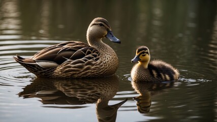 Mother duck leading her ducklings across the pond