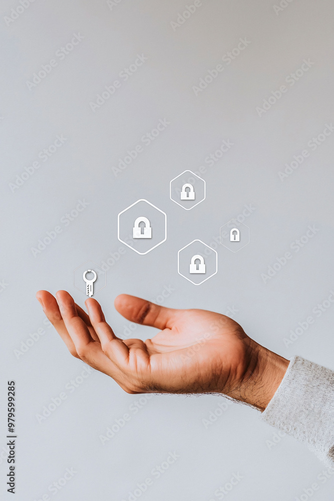 Poster a hand is reaching out, accessing floating digital keys and lock symbols, representing security and 