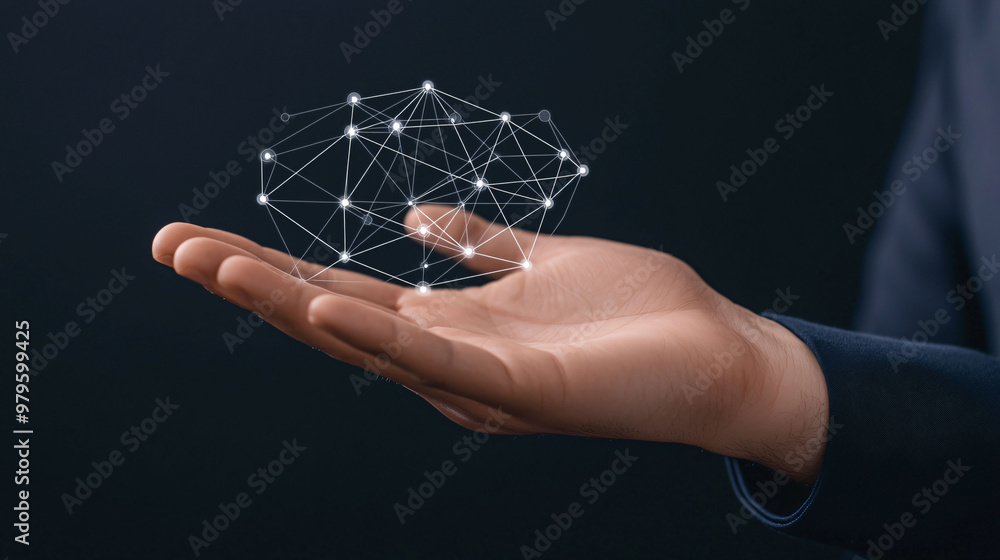 Poster a close up of hand holding digital network grid, symbolizing technology and connectivity. intricate 
