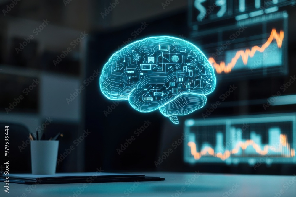 Aufkleber futuristic holographic brain with digital elements, representing artificial intelligence and data an