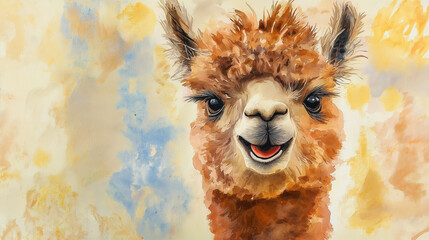 Portrait of happy smiling funny alpaca posing for watercolor painting