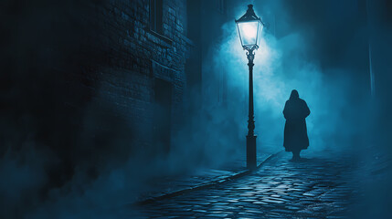 A shadowy character shrouded in mist stands under a lamppost on a cobblestone alley, evoking mystery and suspense. Shadowy. Illustration