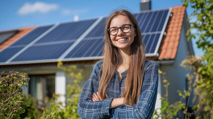Homeowner smiling with crossed arms in front of house with solar panels