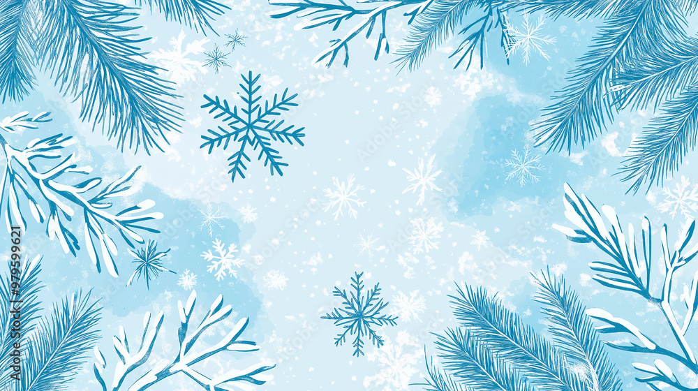 Poster Winter background with falling snow and pine branches forming a frame