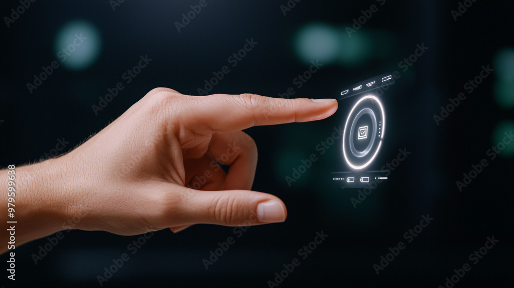 Aufkleber a hand activating holographic user interface, showcasing advanced technology and interaction. scene 