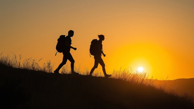 Two hikers walking up a hill at sunset