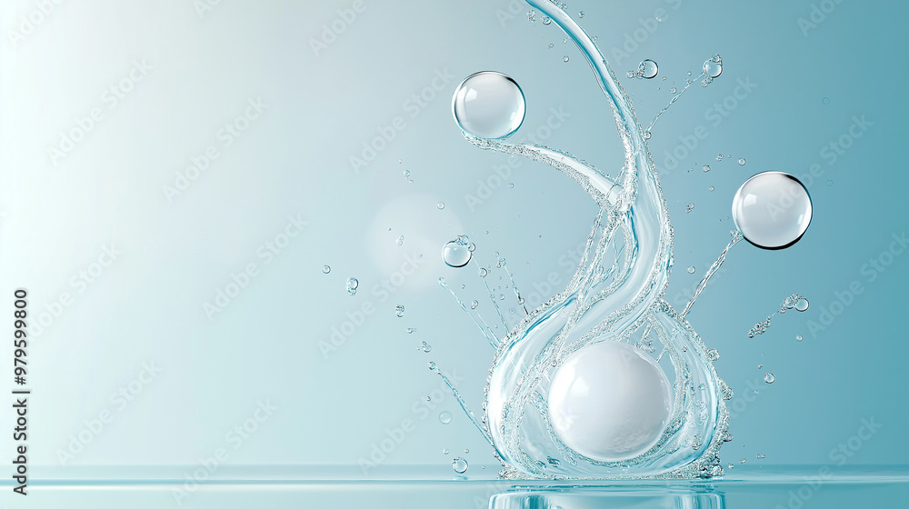 Poster white and transparent bubbles splashing in water with blue background