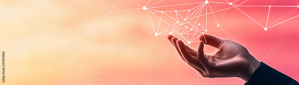 Aufkleber a hand connecting virtual data points symbolizes innovation and technology in vibrant sunset backgro