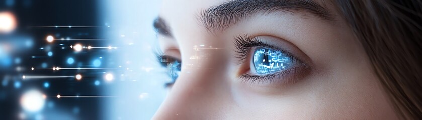 Young woman with future technology network concept.