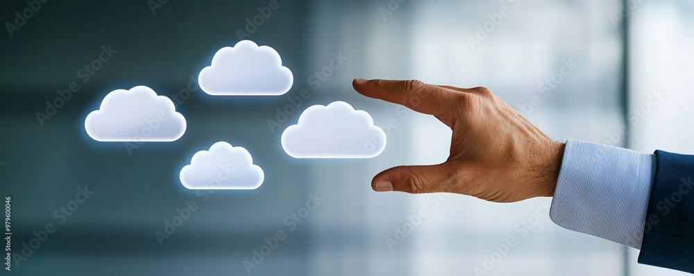 Poster a hand reaching out to touch holographic cloud icons, symbolizing technology and innovation. image c