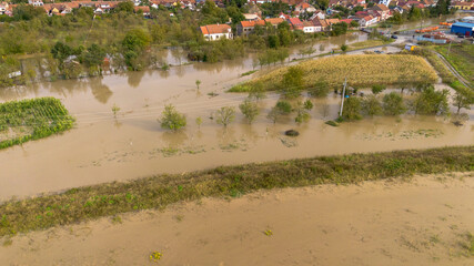 flood damage, flooded fields, aerial view