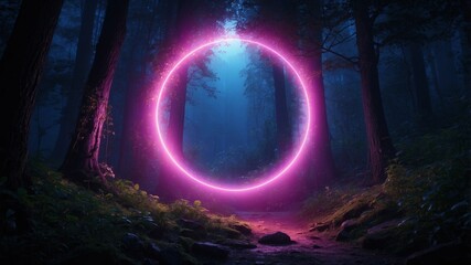 Fototapeta premium Neon circle illuminates dark mystical forest scene