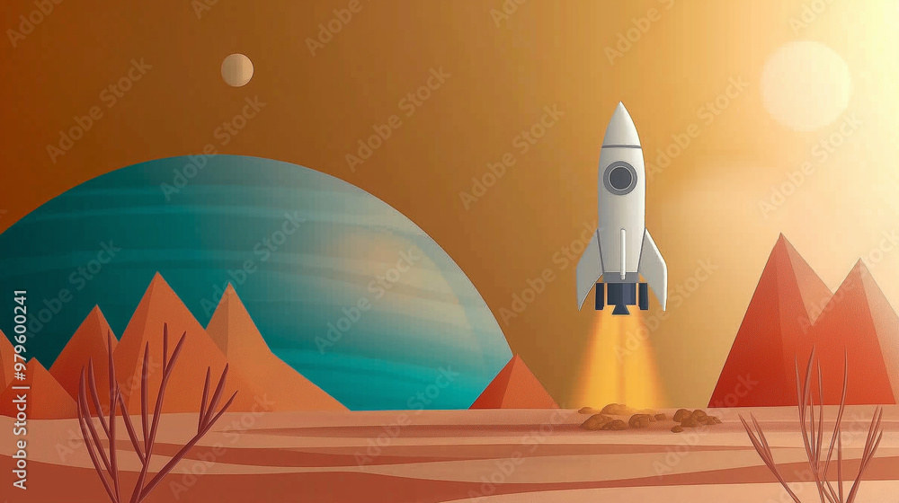 Poster spaceship taking off from planet surface with mountains in background
